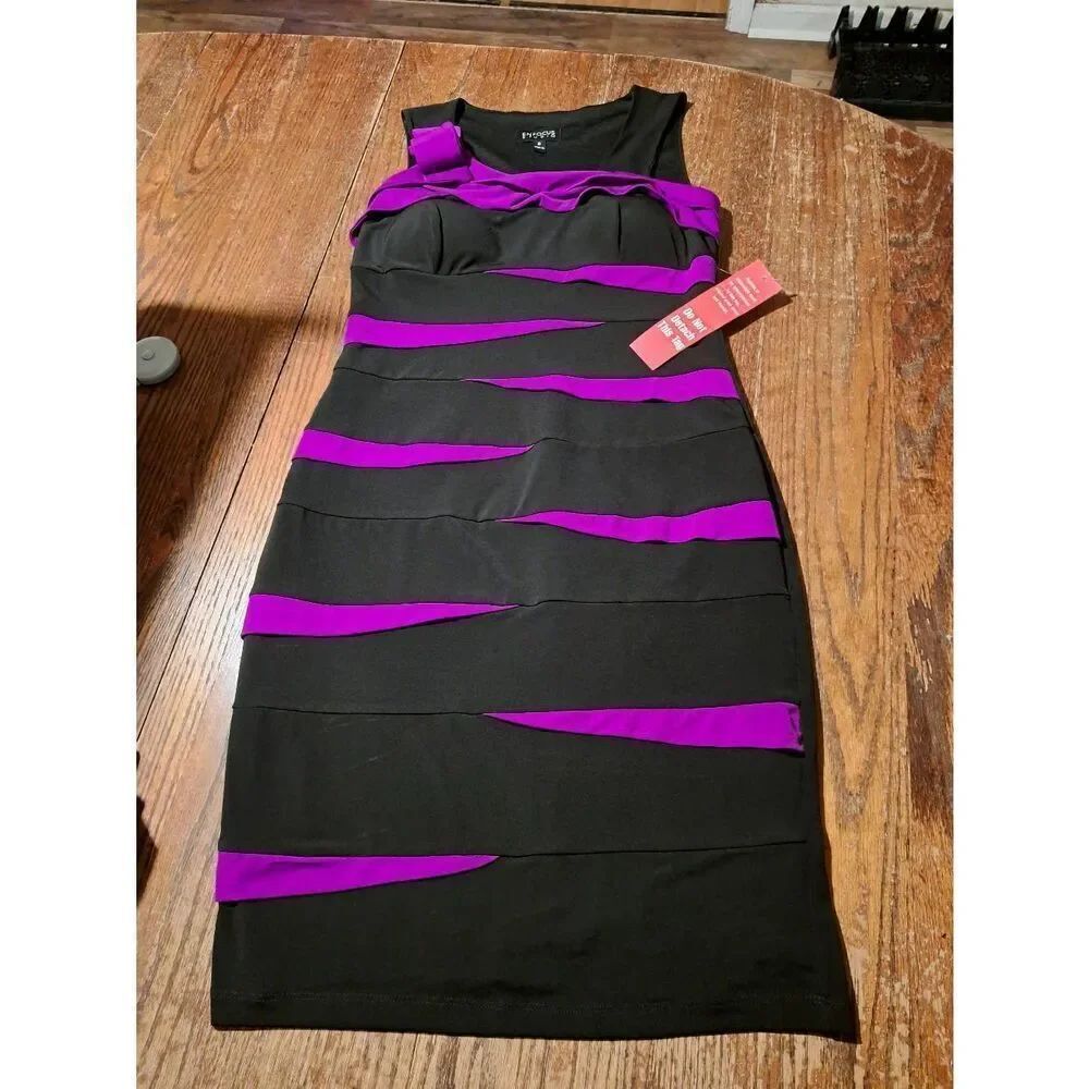 New Enfocus Studio Size 8 Black Purple Sleeveless Layered Bandage Midi Dress
